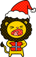 main tiré bande dessinée livre style illustration de une Lion avec Noël présent portant Père Noël chapeau png