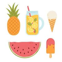 Sweet summer food set. Fruits, ice cream and lemonade. Flat isolated illustration vector