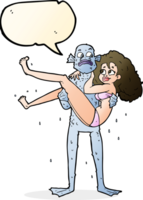 cartoon swamp monster carrying woman in bikini with speech bubble png