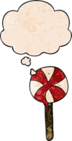 cartoon lollipop with thought bubble in grunge texture style png