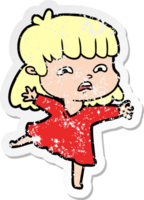 distressed sticker of a cartoon worried woman png