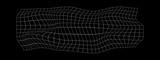 Distorted whiye horizontal grid on black background. Warped mesh texture. Curvatured net. Checkered pattern deformation. Bented lattice surface. vector