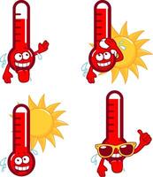 dibujos animados rojo caliente termómetro caracteres. dibujos animados gracioso termómetros indicando muy caliente temperatura en verano. vector