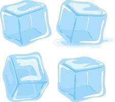 Set of four ice cubes in blue color isolated on white background. Ice cubes and melted ice cubes. Illustration set. vector