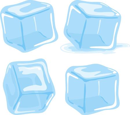 Set of four ice cubes in blue color isolated on white background. Ice cubes and melted ice cubes. Illustration set.