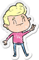 distressed sticker of a happy cartoon man giving a peace sign png