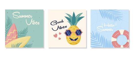 Set of summer posters with a pineapple character, surfboard, and lifebuoy on a pastel background.Design for a social media post template, a cute summer poster set. vector