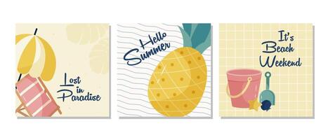 Set of summer posters with featuring a pineapple, bucket or sandcastle on a checkered background, sun lounger, and umbrella. Summer season poster template for social media post, print, or web design. vector