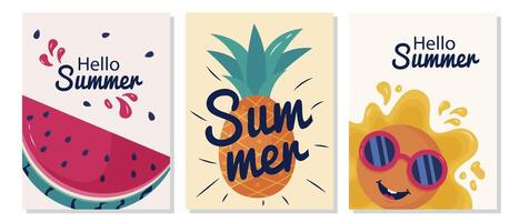 Set of summer posters flat design, watermelon, ice cream and sun, simple minimalistic with cute character. vector