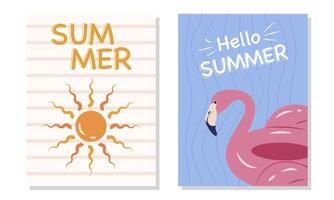 Summer card set with sun and flamingo flat style simple design minimalistic vector