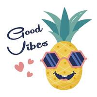 Cute pineapple character wearing sunglasses, on white isolated background . vector