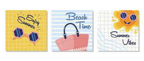 Set of summer posters with beach bag, sunglasses, and smiling sun. The set is great for poster set for social media, web design or print posters. vector