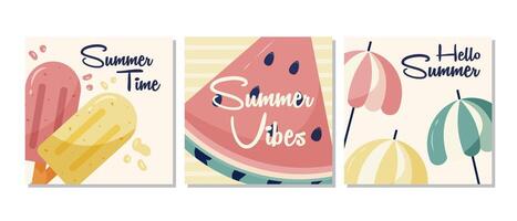 Set of summer posters with watermelon, ice cream, and beach umbrella. vector