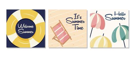 Summer posters set with beach elements, a lifebuoy, a sun lounger, and umbrellas. Summertime poster set. vector