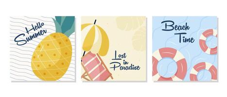 Set of summer posters with summer elements, pineapple and umbrella vector