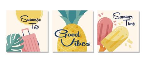 Set of summer posters with a suitcase, pineapple, and popsicle ice cream on a beige background. vector