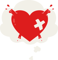 cartoon heart squirting blood with thought bubble in retro style png