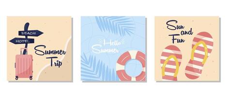 conjunto de verano postales con verano elementos, un boya salvavidas, playa zapatillas, y maleta, vacaciones póster, o viaje bandera verano viaje invitación tarjeta modelo. vector