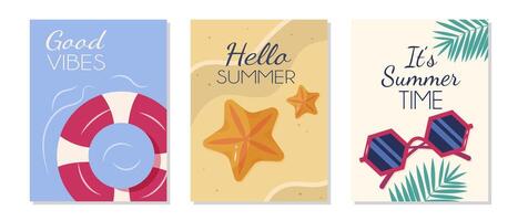 Set of summer posters with beach elements like a life ring and sunglasses. vector