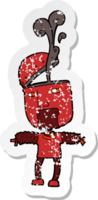 retro distressed sticker of a funny cartoon robot with open head png