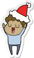 en riant main tiré autocollant dessin animé de une homme portant Père Noël chapeau png