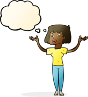 cartoon woman holding up hands with thought bubble png