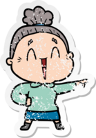 distressed sticker of a cartoon happy old lady png