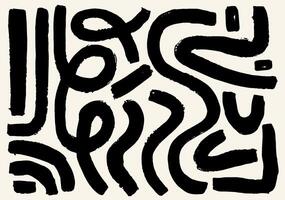 Set of curvy textured black stripe brush. Black background with loop and hand-drawn line. Grunge bold black brush strokes. vector