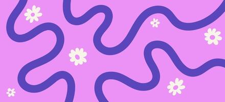 Abstract pink minimalistic background with wavy line and flowers. Backdrop with organic curvy curly stripe. Wave line art vector