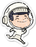 distressed sticker of a happy cartoon astronaut png