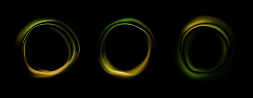 Neon dynamic wave in the form of a circle in green and orange. Abstract background with glowing swirling portal. illustration. Round freezelight isolated on black background. Music, equalizer. vector