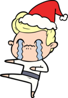 mano dibujado línea dibujo de un hombre llorando vistiendo Papa Noel sombrero png