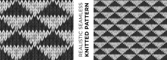 Seamless pattern of monochrome knitted wool fabric with triangles. Geometric print. Realistic repeating knitwear texture for background, wallpaper, cloth, wrapping paper, website backdrop. vector