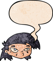 cartoon scratched up face with speech bubble in retro texture style png