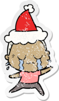hand drawn distressed sticker cartoon of a crying old lady wearing santa hat png