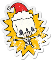 hand drawn christmas distressed sticker cartoon of kawaii skeleton png