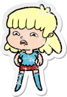 distressed sticker of a cartoon worried woman png