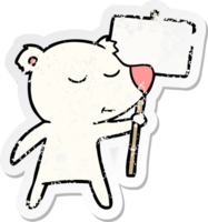 distressed sticker of a happy cartoon polar bear with sign png