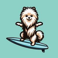 Dog playing surfboards - Pomeranian Dog Surfing illustration vector