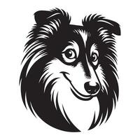 Shetland perro pastor - un dañoso sheltie perro cara ilustración en negro y blanco vector