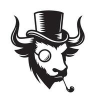 illustration of A Bull face with a top hat in black and white vector