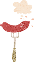 dessin animé content saucisse sur fourchette avec pensée bulle dans grunge affligé rétro texturé style png