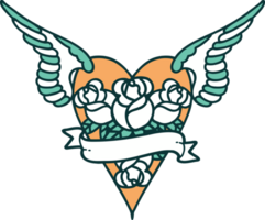 iconic tattoo style image of a flying heart with flowers and banner png