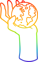 rainbow gradient line drawing of a cartoon hand holding whole earth png