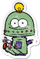 distressed sticker of a happy carton robot with light bulb png