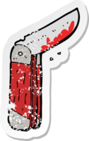 retro bedrövad klistermärke av en tecknad serie blodig hopfällbar kniv png