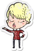 distressed sticker of a cartoon woman with eyes shut png