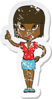 retro distressed sticker of a cartoon pretty girl with idea png