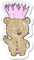 retro distressed sticker of a cartoon teddy bear wearing paper crown png