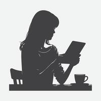 Enigmatic Elegance, A Girl's Contemplation with a Tablet Silhouette vector